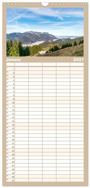 Produktbild: Familienplaner 2027 - Wanderparadies Bayerische Alpen mit 5 Spalten (Wandkalender, 21 x 45 cm) CALVENDO
