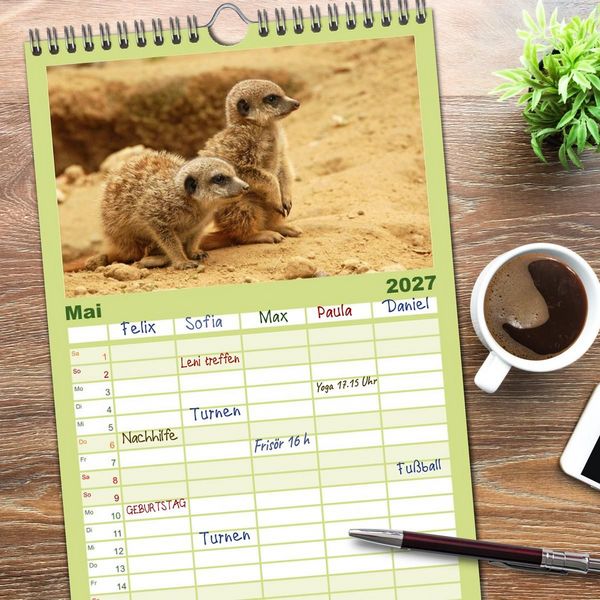 Produktbild: Familienplaner 2027 - Kleine Schelme - Tierbabys mit 5 Spalten (Wandkalender, 21 x 45 cm) CALVENDO