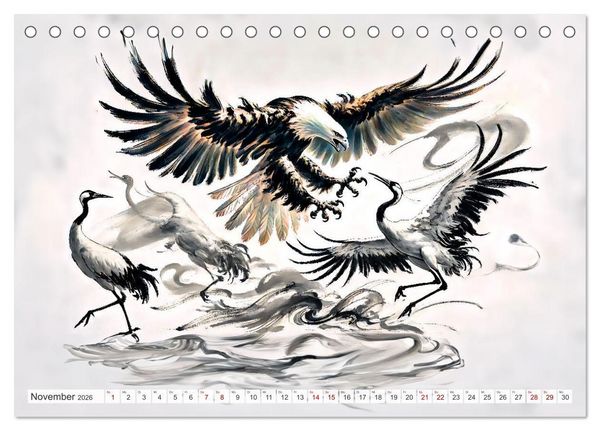 Produktbild: Eleganz der Kraniche - Majest&auml;tische V&ouml;gel in poetischer Tusche (Tischkalender 2026 DIN A5 quer), CALVENDO Monatskalender