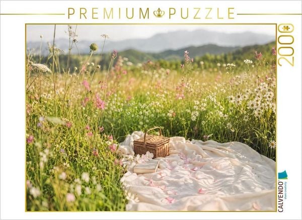 CALVENDO Puzzle Frühling zum Verweilen - Picknickdecke in Blütenwiese | 2000 Teile Lege-Größe 90x67cm Foto-Puzzle für glückliche Stunden