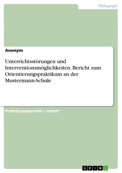 Produktbild: Unterrichtsst&ouml;rungen und Interventionsm&ouml;glichkeiten. Bericht zum Orientierungspraktikum an der Mustermann-Schule