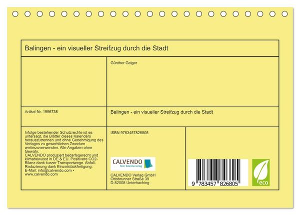 Produktbild: Balingen - ein visueller Streifzug durch die Stadt (Tischkalender 2026 DIN A5 quer), CALVENDO Monatskalender