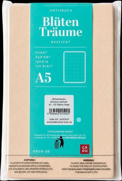 Produktbild: Bl&uuml;tentr&auml;ume Notizbuch bestickt, A5 - 240 Seiten, beige