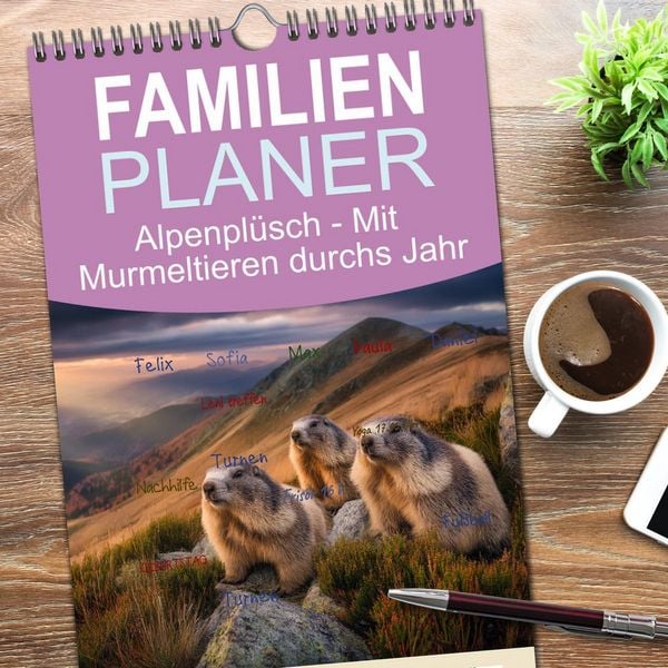Produktbild: Familienplaner 2026 - Alpenpl&uuml;sch - Mit Murmeltieren durchs Jahr mit 5 Spalten (Wandkalender, 21 x 45 cm) CALVENDO