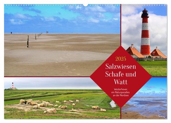 Salzwiesen, Schafe und Watt - Westerhever, ein Naturparadies an der Nordsee (Wandkalender 2025 DIN A2 quer), CALVENDO Mo