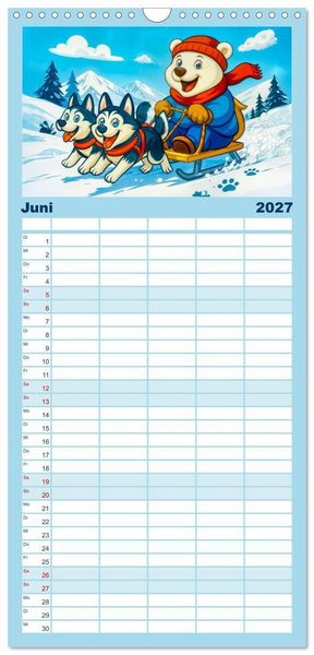 Produktbild: Familienplaner 2027 - Tierischer Wintersport - Lustige Tiere im Schnee mit 5 Spalten (Wandkalender, 21 x 45 cm) CALVENDO