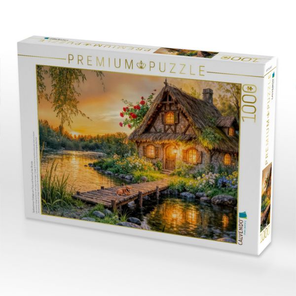 Produktbild: CALVENDO Puzzle Sp&auml;tsommer Cottage am Fluss mit Hund auf der Br&uuml;cke | 1000 Teile Lege-Gr&ouml;&szlig;e 64x48cm Foto-Puzzle f&uuml;r gl&uuml;ckliche Stunden