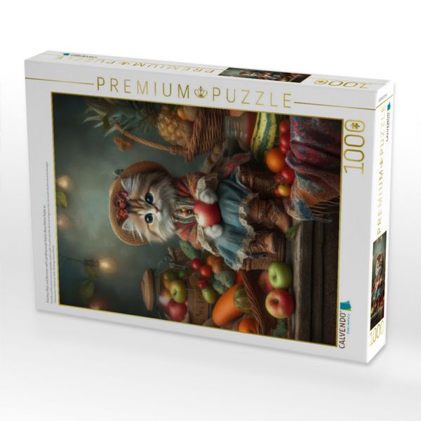 Produktbild: CALVENDO Puzzle Frisches Obst und Gem&uuml;se nach Landfrauenart bietet diese kleine Katze an | 1000 Teile Lege-Gr&ouml;&szlig;e 64x48cm Foto-Puzzle f&uuml;r gl&uuml;ckliche St