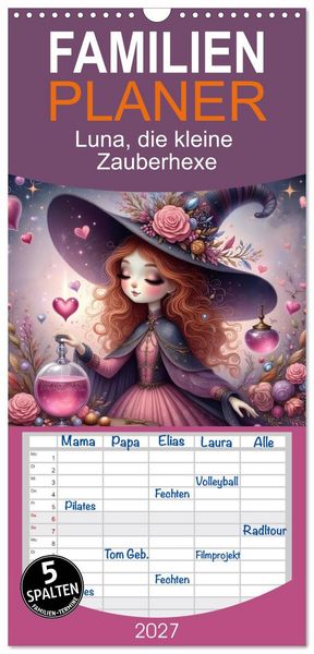 Produktbild: Familienplaner 2027 - Luna, die kleine Zauberhexe mit 5 Spalten (Wandkalender, 21 x 45 cm) CALVENDO