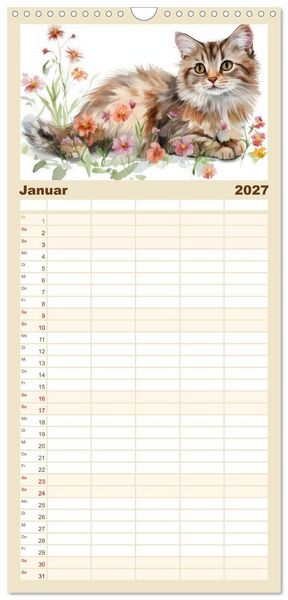 Produktbild: Familienplaner 2027 - Katzensymphonie in Aquarell mit 5 Spalten (Wandkalender, 21 x 45 cm) CALVENDO