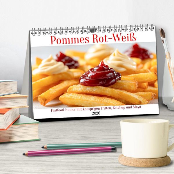 Produktbild: Pommes Rot-Wei&szlig; - Fastfood-Humor mit knusprigen Fritten, Ketchup und Mayo (Tischkalender 2026 DIN A5 quer), CALVENDO Monatskalender