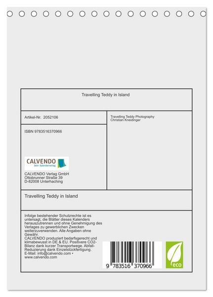 Produktbild: Travelling Teddy in Island (Tischkalender 2026 DIN A5 hoch), CALVENDO Monatskalender