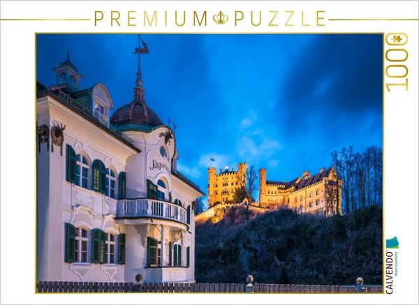 CALVENDO Puzzle Jägerhaus und Schloss Hohenschwangau zur blauen Stunde | 1000 Teile Lege-Größe 64 × 48 cm Foto-Puzzle für glückliche Stunden