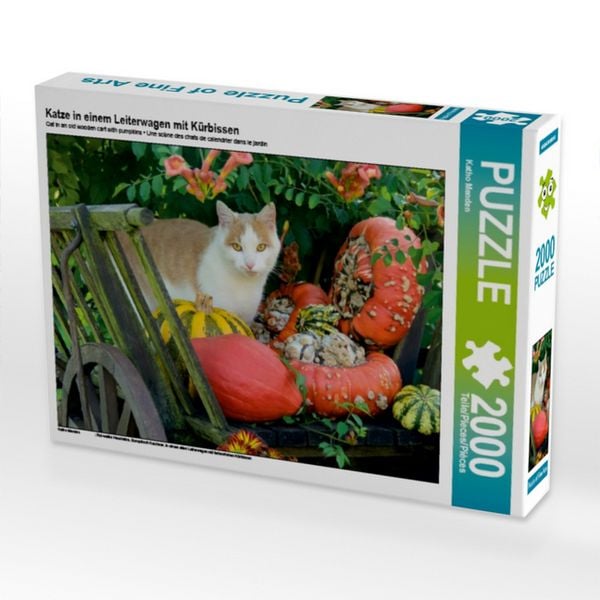 CALVENDO Puzzle Katze in einem Leiterwagen mit Kürbissen | 2000 Teile Lege-Größe 90x67cm Foto-Puzzle für glückliche Stunden