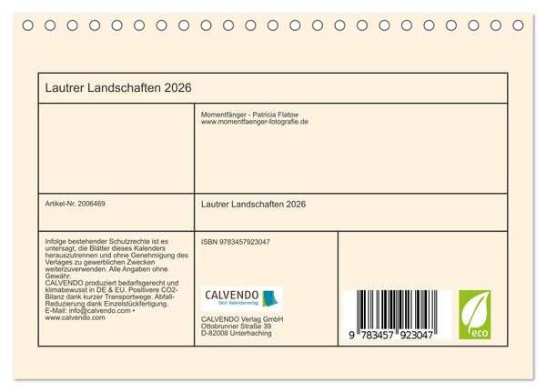 Produktbild: Lautrer Landschaften 2026 (Tischkalender 2026 DIN A5 quer), CALVENDO Monatskalender