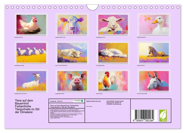 Produktbild: Tiere auf dem Bauernhof. Farbenfrohe Tierportraits im Stil der &Ouml;lmalerei (Wandkalender 2026 DIN A4 quer), CALVENDO Monatskalender