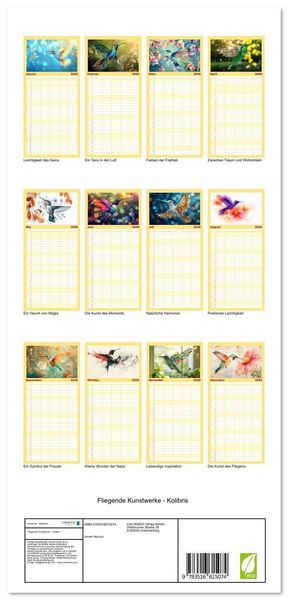 Produktbild: Familienplaner 2026 - Fliegende Kunstwerke - Kolibris mit 5 Spalten (Wandkalender, 21 x 45 cm) CALVENDO