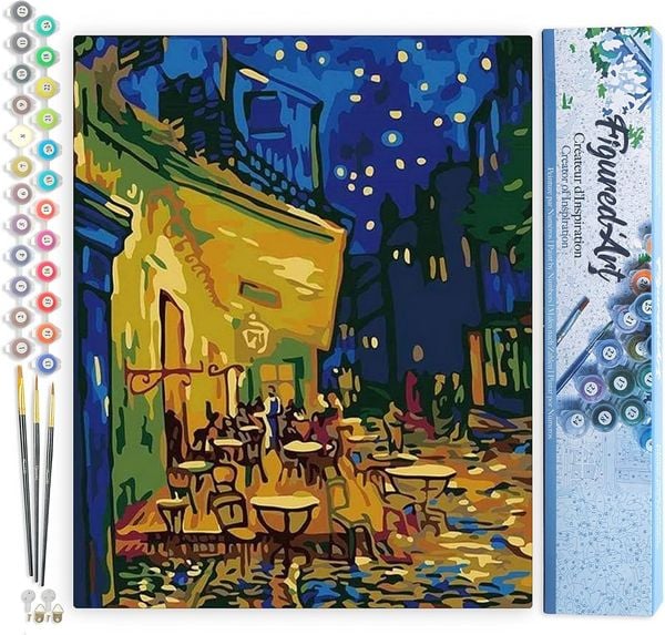 Produktbild: FiguredArt PN928 - Malen nach Zahlen, Caf&eacute; Van Gogh, Leinwand 40x50cm ohne Rahmen, Malset, Paint by Numbers