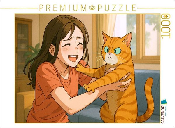 Produktbild: CALVENDO Puzzle Frau umarmt Katze, die das nicht will | 1000 Teile Lege-Gr&ouml;&szlig;e 64x48cm Foto-Puzzle f&uuml;r gl&uuml;ckliche Stunden