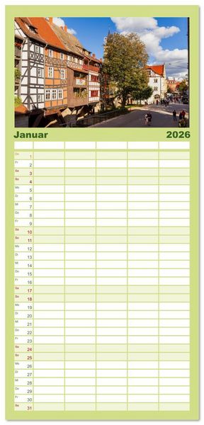 Produktbild: Familienplaner 2026 - Landeshauptstadt Erfurt - Reise durch das sch&ouml;ne Th&uuml;ringen mit 5 Spalten (Wandkalender, 21 x 45 cm) CALVENDO