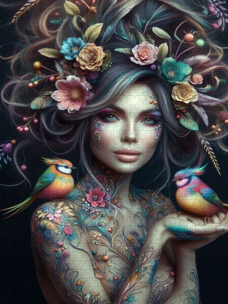 Produktbild: CALVENDO Puzzle Portrait einer Frau mit grau bunten organischen Haarschmuck und Paradiesv&ouml;geln auf der Hand | 2000 Teile Lege-Gr&ouml;&szlig;e 90x67cm Foto-Puzzl