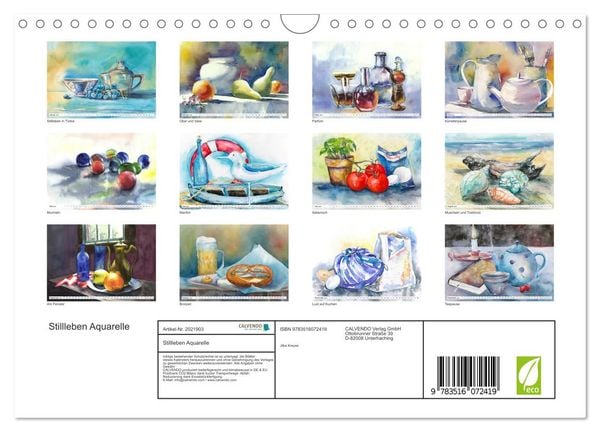 Produktbild: Stillleben Aquarelle (Wandkalender 2026 DIN A4 quer), CALVENDO Monatskalender