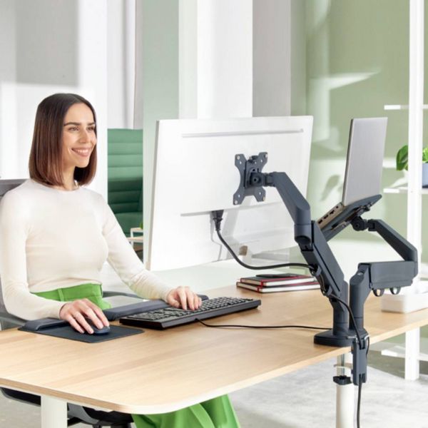 Produktbild: Leitz Monitorhalterung Monitor+Laptoparm Ergo 1 Display(s) 81,3 cm (32") Dunkelgrau H&ouml;henverstellbar, Drehbar, Neigbar, Schwenkbar
