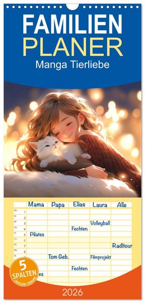 Produktbild: Familienplaner 2026 - Manga Tierliebe mit 5 Spalten (Wandkalender, 21 x 45 cm) CALVENDO