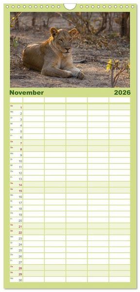 Produktbild: Familienplaner 2026 - Sambias gro&szlig;artige Tierwelt mit 5 Spalten (Wandkalender, 21 x 45 cm) CALVENDO