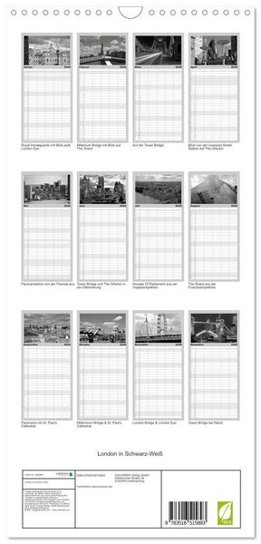 Produktbild: Familienplaner 2026 - London in Schwarz-Wei&szlig; mit 5 Spalten (Wandkalender, 21 x 45 cm) CALVENDO