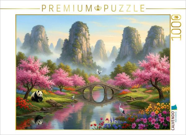 CALVENDO Puzzle Chinesische Nebelberge mit Panda und Kranichen | 1000 Teile Lege-Größe 64x48cm Foto-Puzzle für glückliche Stunden