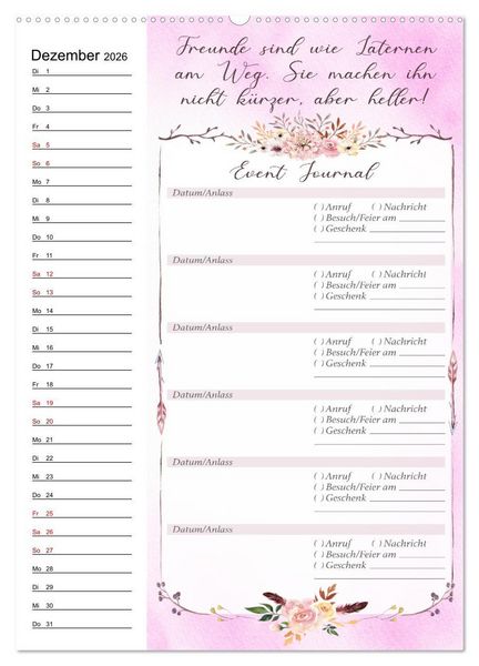 Produktbild: Geburtstagsplaner Boho Rosa - F&uuml;r Termine, Geschenke, Eventdetails & mehr (Wandkalender 2026 DIN A2 hoch), CALVENDO Monatskalender