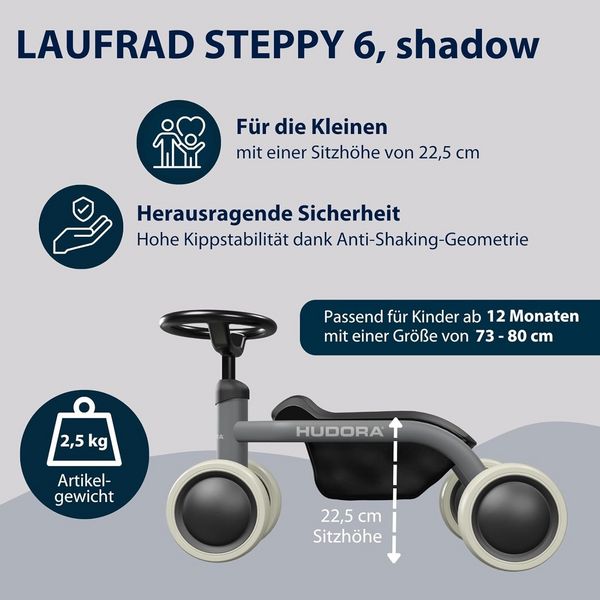 Produktbild: HUDORA 10914 - Laufrad Steppy 6 shadow, Lauflernrad f&uuml;r Kinder von 73-80 cm, Sitzh&ouml;he: 22,5 cm