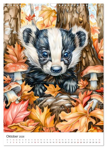 Produktbild: Tierkinder - Niedliche illustrierte Wildtiere in Wald und Flur (Wandkalender 2026 DIN A3 hoch), CALVENDO Monatskalender