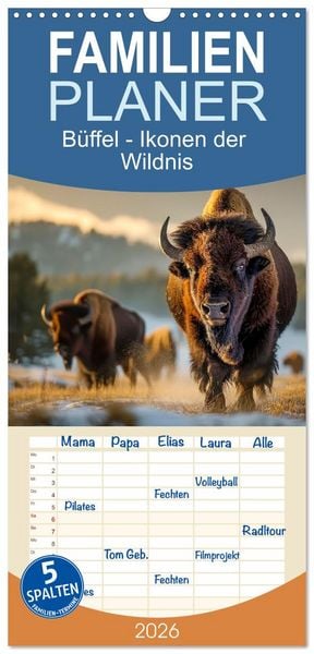 Produktbild: Familienplaner 2026 - B&uuml;ffel - Ikonen der Wildnis mit 5 Spalten (Wandkalender, 21 x 45 cm) CALVENDO