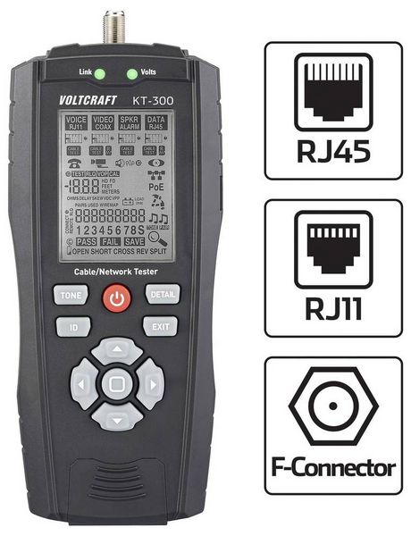 Produktbild: VOLTCRAFT KT-300 LAN Kabel Tester Speed Erkennung, PoE Diagnose, Port Lokalisierung, L&auml;ngenmessung, Mapping