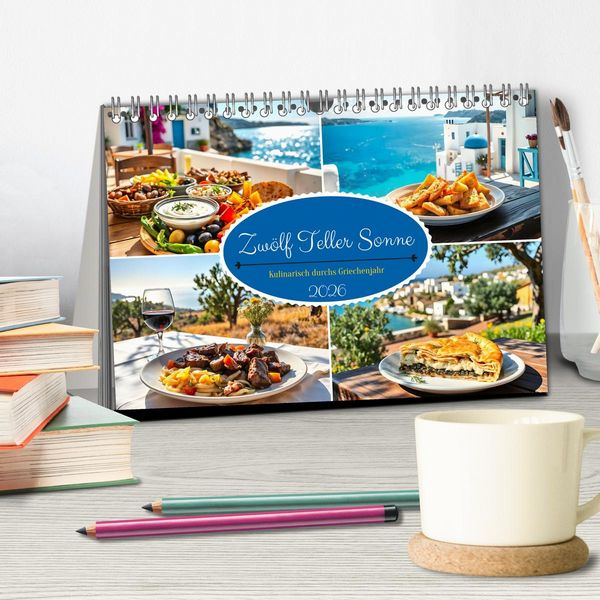 Produktbild: Zw&ouml;lf Teller Sonne &ndash; Kulinarisch durchs Griechenjahr (Tischkalender 2026 DIN A5 quer), CALVENDO Monatskalender