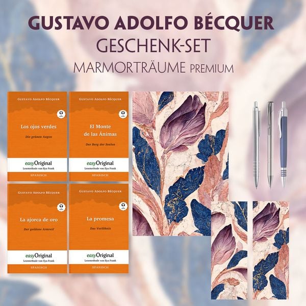 Produktbild: Gustavo Adolfo B&eacute;cquer Geschenkset - 4 B&uuml;cher (mit Audio-Online) + Marmortr&auml;ume Schreibset Premium