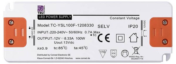 Produktbild: TRU COMPONENTS TC-YSL100F-1208330 LED-Trafo Konstantspannung 100W 8.33A 12 V/DC M&ouml;belzulassung, &Uuml;berspannung, Montage auf