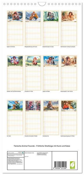 Produktbild: Familienplaner 2027 - Tierische Anime-Freunde - Fr&ouml;hliche Streifz&uuml;ge mit Hund und Katze mit 5 Spalten (Wandkalender, 21 x 45 cm) CALVENDO