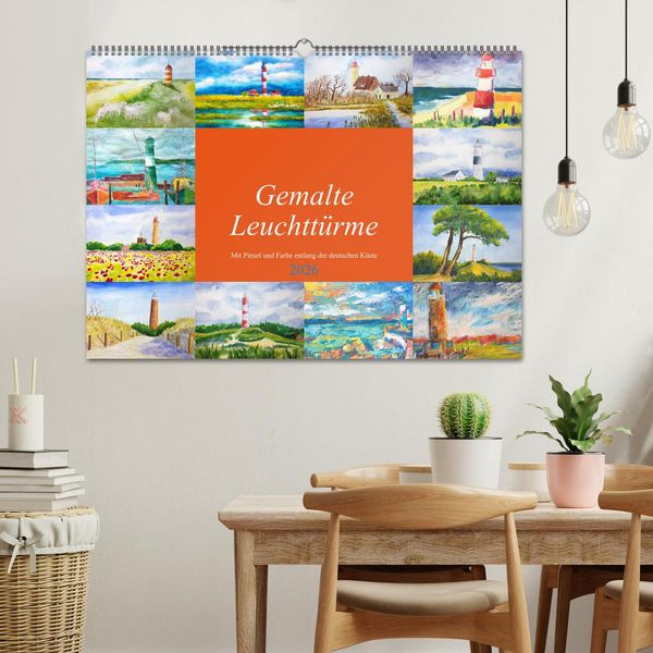 Produktbild: Gemalte Leuchtt&uuml;rme - Mit Pinsel und Farbe entlang der deutschen K&uuml;ste (Wandkalender 2026 DIN A2 quer), CALVENDO Monatskalender