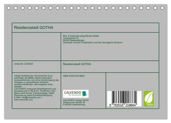 Produktbild: Residenzstadt GOTHA (Tischkalender 2026 DIN A5 quer), CALVENDO Monatskalender