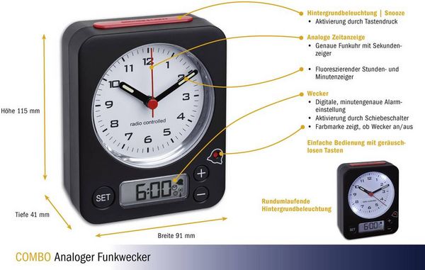 Produktbild: TFA Analoger Funk-Wecker mit digitaler Alarmeinstellung COMBO