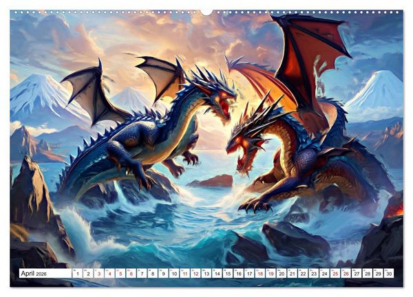 Produktbild: Drachen - Gef&uuml;rchtete, aber nicht immer b&ouml;se Fabelwesen (Wandkalender 2026 DIN A2 quer), CALVENDO Monatskalender