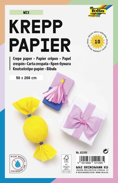 Folia Krepppapier-Rollen MIX, 50x200cm, 10 Rollen farbig sortiert