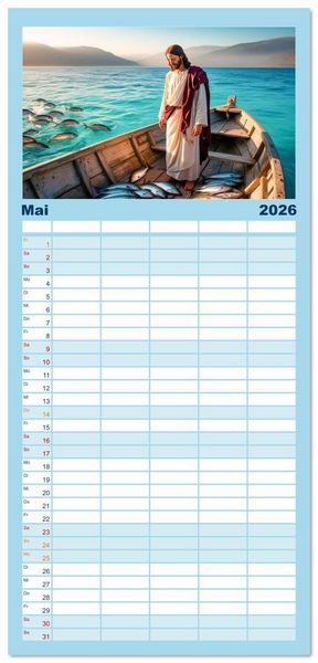 Produktbild: Familienplaner 2026 - Durch das Jahr mit Jesus mit 5 Spalten (Wandkalender, 21 x 45 cm) CALVENDO