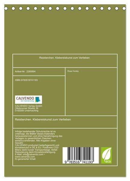 Produktbild: Reistierchen. Klebereiskunst zum Verlieben (Tischkalender 2026 DIN A5 hoch), CALVENDO Monatskalender
