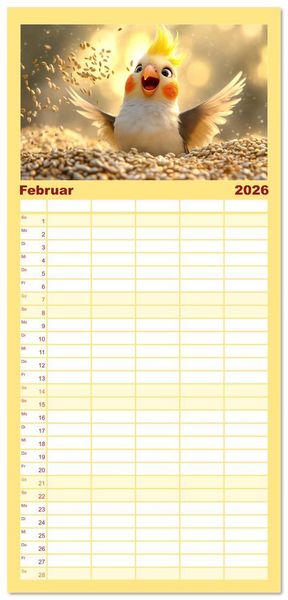 Produktbild: Familienplaner 2026 - Klein, laut, lustig - Nymphensittiche mit 5 Spalten (Wandkalender, 21 x 45 cm) CALVENDO