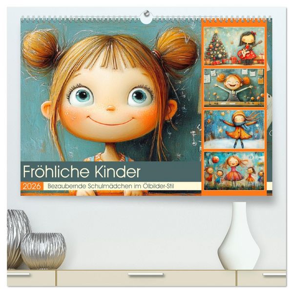 Produktbild: Fr&ouml;hliche Kinder. Bezaubernde Schulm&auml;dchen im &Ouml;lbilder-Stil (hochwertiger Premium Wandkalender 2026 DIN A2 quer), Kunstdruck in Hochglanz