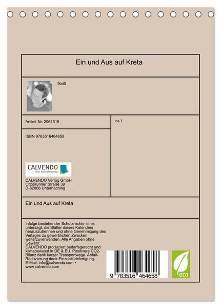 Produktbild: Ein und Aus auf Kreta (Tischkalender 2026 DIN A5 hoch), CALVENDO Monatskalender